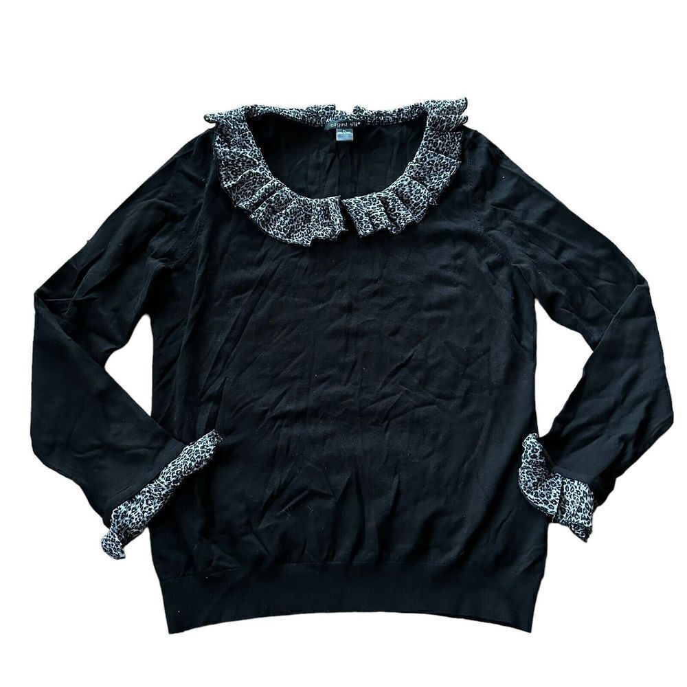 Womens August Silk Blend‎ Snow Leopard Ruffle Collar Sweater Sz XL Black